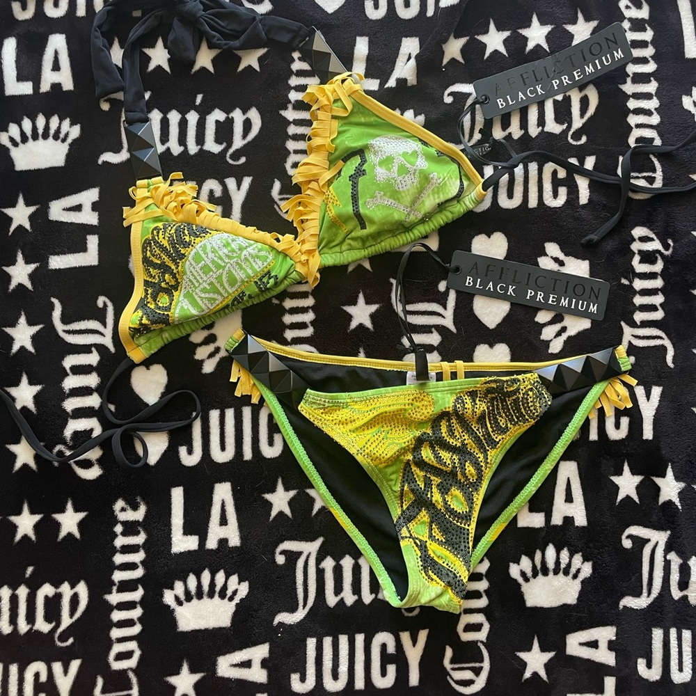 NEW AFFLICTION BLACK PREMIUM BIKINI SET RHINESTONES FRINGE GRUNGE MEDIUM🖤💀💚